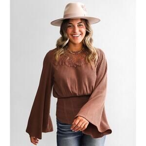 Gimmicks Women’s Brown Eyelash Lace Yoke Boho Top Large Romantic Peasant Blouse